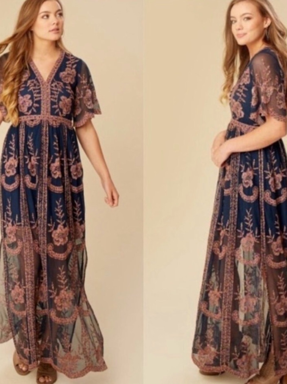 Altar'd State Women's Maxi Dress Size Large Navy Blue Embroidered Boho Mesh Lace